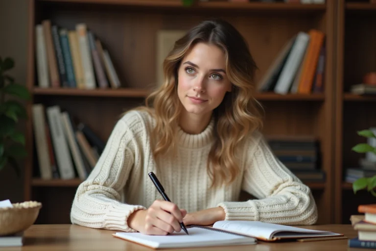 Femme écrivant soigneusement dans un cahier ouvert sur un bureau en bois, illustrant la rédaction correcte d'une expression française