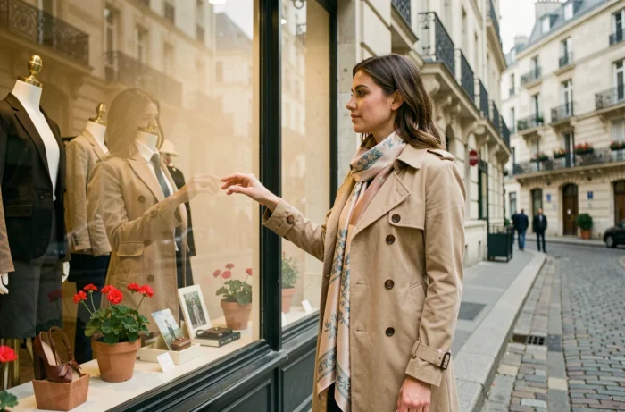 Femme élégante en trench coat beige devant une boutique chic dans le quartier du Marais à Paris