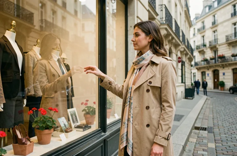 Femme élégante en trench coat beige devant une boutique chic dans le quartier du Marais à Paris