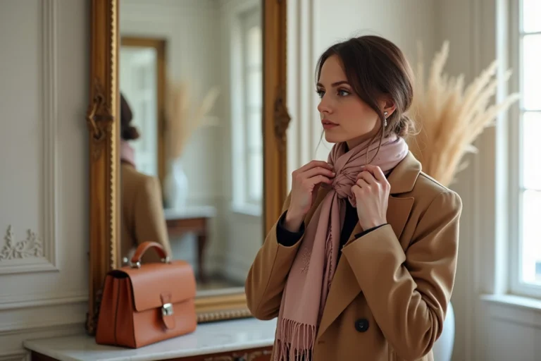 Femme élégante portant un foulard en soie et un manteau camel devant un miroir vintage dans un appartement parisien