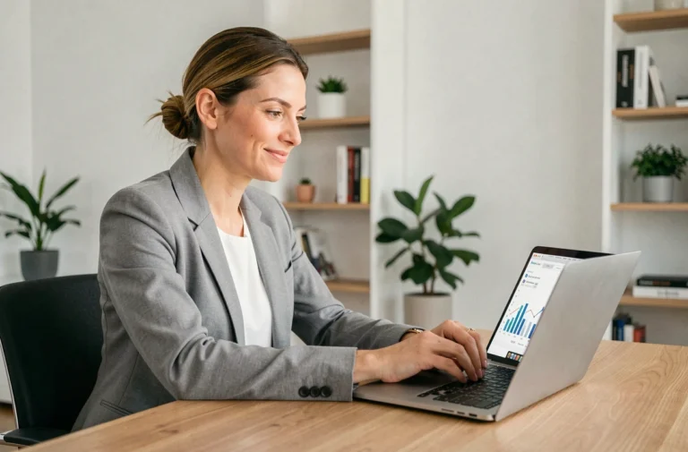 Femme entrepreneur analysant les performances de son business en ligne sur un ordinateur portable dans un bureau moderne