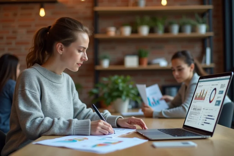 Femme entrepreneur analysant un business plan sur un ordinateur portable dans un espace de coworking moderne