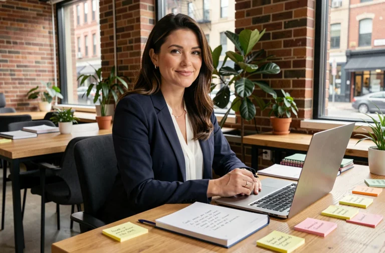 Femme entrepreneure confiante assise à son bureau dans un espace de coworking moderne, entourée de carnets et d'un ordinateur portable