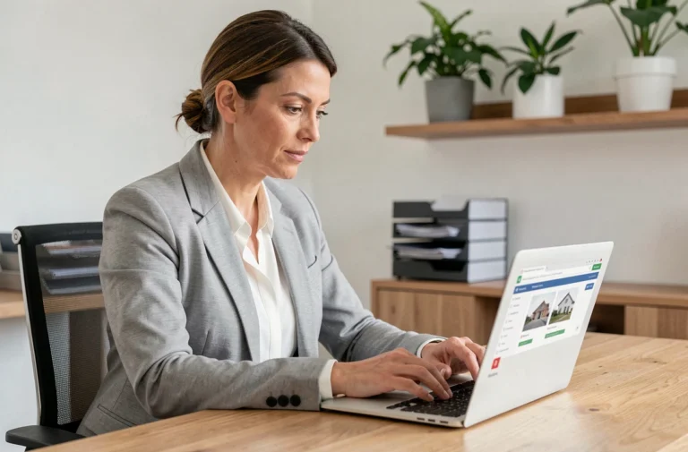 Femme professionnelle accédant à l'espace client Orchestra Syndic sur son ordinateur portable dans un bureau à domicile moderne