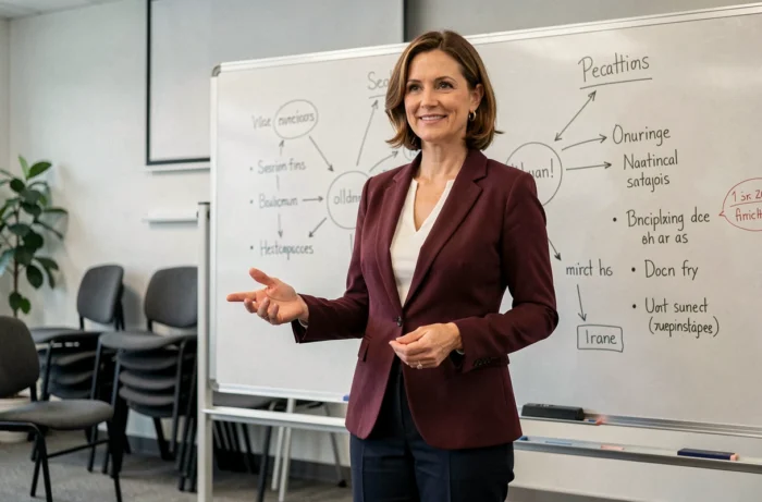 Femme entrepreneuse présentant un plan d'affaires devant un tableau blanc lors d'un atelier de formation au féminin