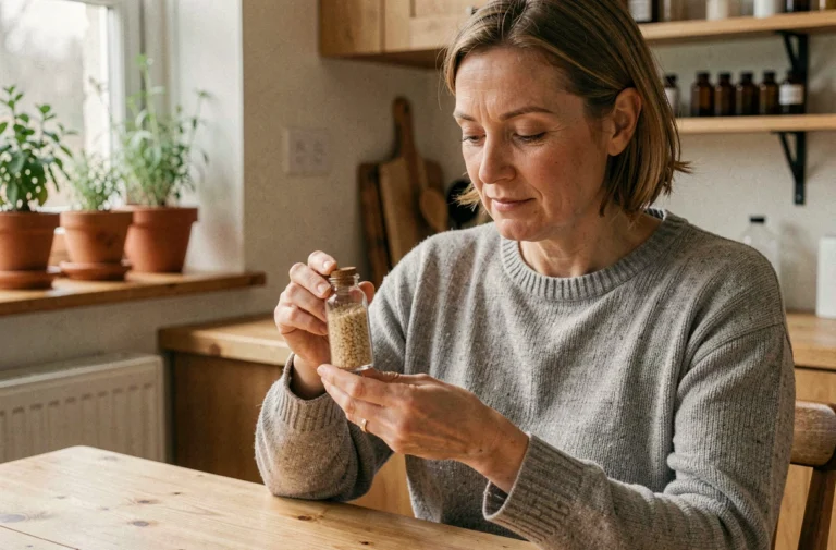 Femme examinant un flacon de granules homéopathiques à une table en bois dans une cuisine naturelle