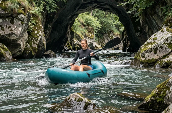 Femme pagayant dans un kayak gonflable sur une rivière avec des rapides et des rochers