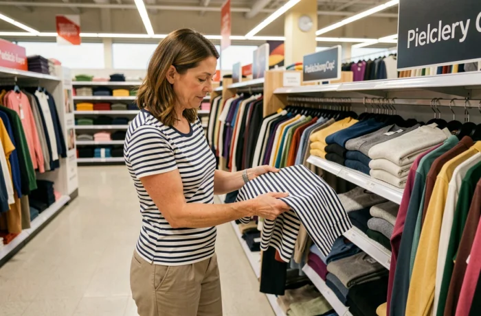 Femme qui choisit une marinière Armor Lux rayée dans le rayon textile d'un supermarché Intermarché