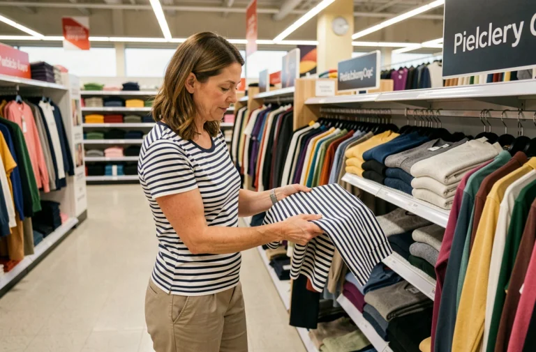 Femme qui choisit une marinière Armor Lux rayée dans le rayon textile d'un supermarché Intermarché