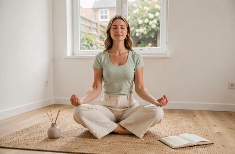 Femme pratiquant la méditation dans un salon minimaliste scandinave, conseils bien-être et mode de vie épanoui