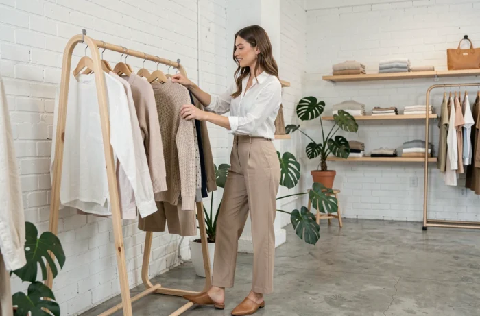 Femme faisant du shopping de mode dans une boutique minimaliste lumineuse, style mode et conseils vestimentaires
