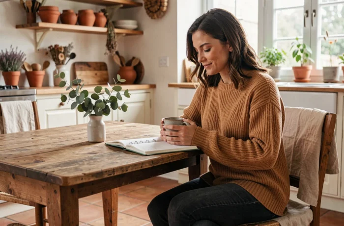 Femme planifiant son quotidien dans une cuisine chaleureuse avec carnet et mug, astuces bien-être et organisation de vie