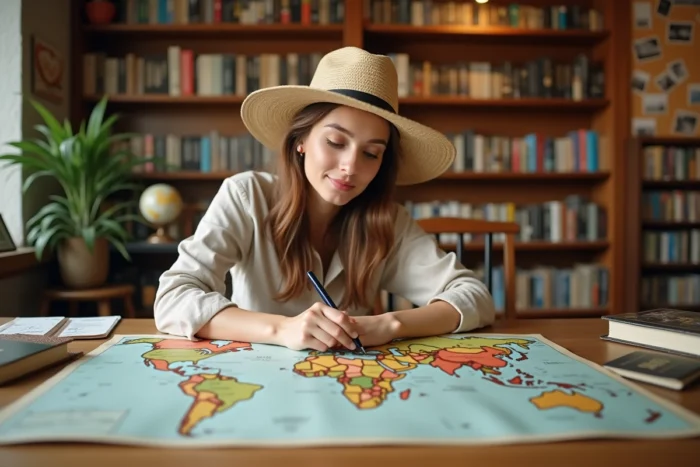 Femme planifiant un tour du monde avec une carte et un passeport dans une librairie de voyage