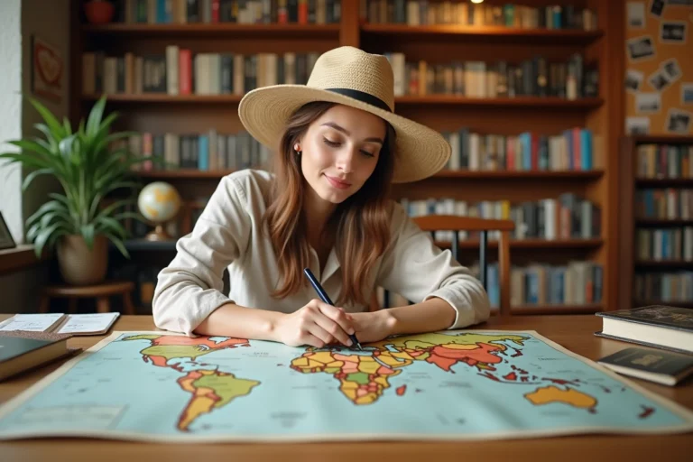 Femme planifiant un tour du monde avec une carte et un passeport dans une librairie de voyage