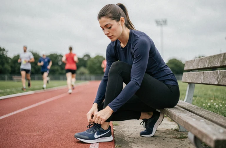 Femme sportive qui lace ses chaussures de running sur une piste d'athlétisme en plein air