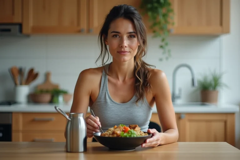 Femme sportive mangeant un repas équilibré après l'entraînement dans une cuisine moderne