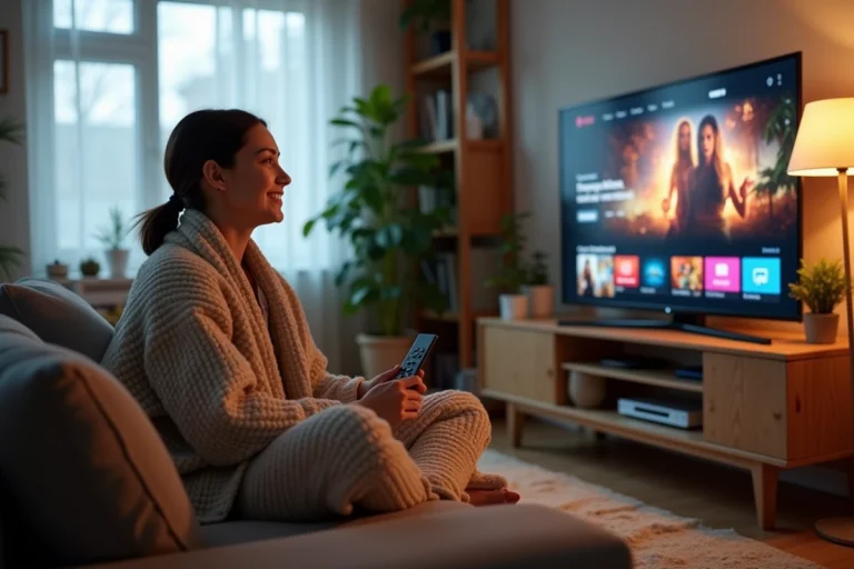 Jeune femme regardant un service de streaming sur sa télévision dans un salon moderne et cosy