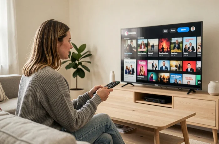 Femme regardant une plateforme de streaming sur sa télévision intelligente dans un salon moderne et confortable