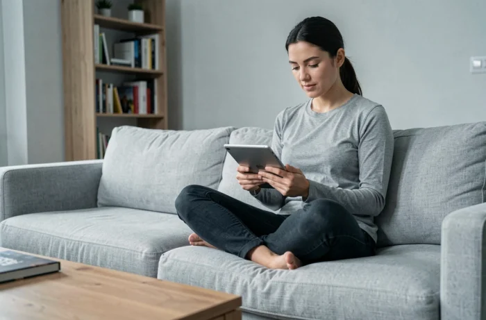 Femme utilisant une tablette pour naviguer sur un site de streaming ou de téléchargement depuis son salon moderne