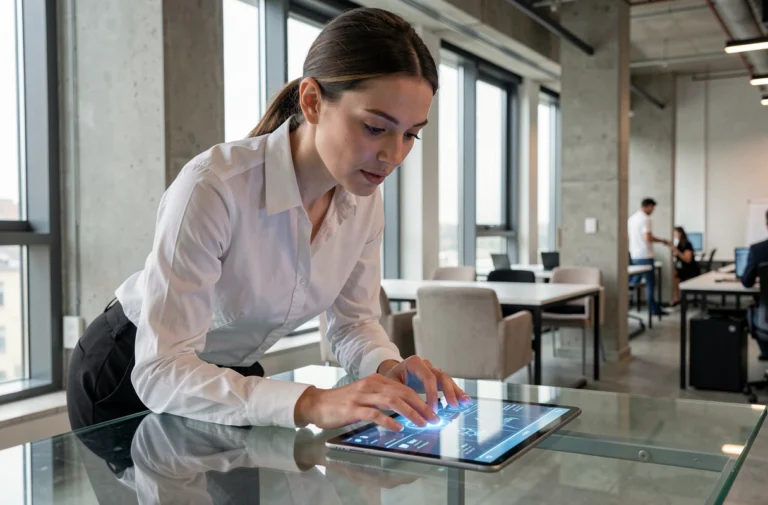 Femme professionnelle interagissant avec une interface tablette holographique dans un bureau technologique moderne