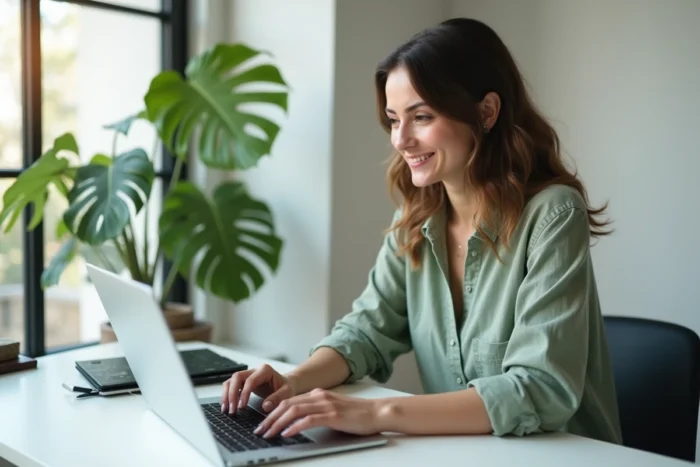 Femme consultant les dernières tendances web sur un ordinateur portable dans un bureau moderne et minimaliste