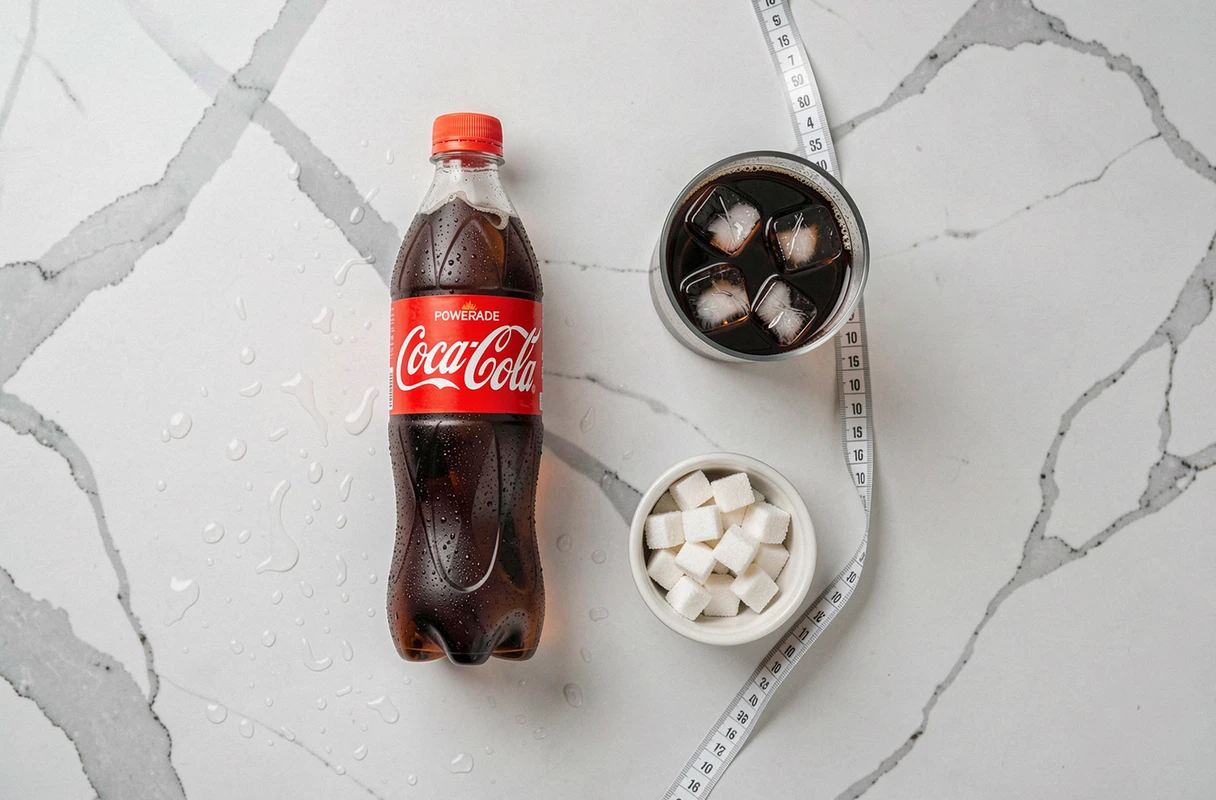 Vue aérienne d'une bouteille de Powerade, un verre de Coca Cola et des morceaux de sucre sur un plan de travail en marbre, teneur en sucre boissons santé