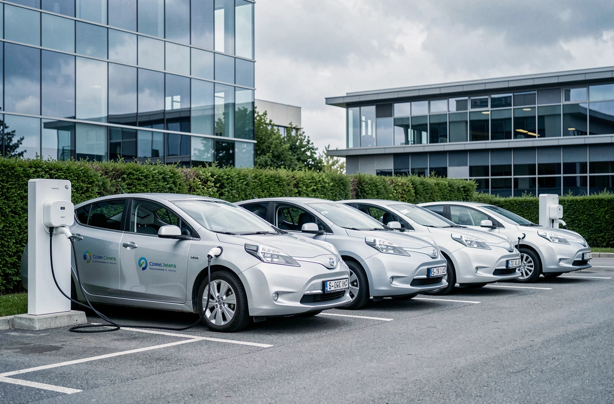 Vloot van elektrische bedrijfsauto's uitgelijnd en verbonden met laadpalen in een professionele buitenparkeerplaats