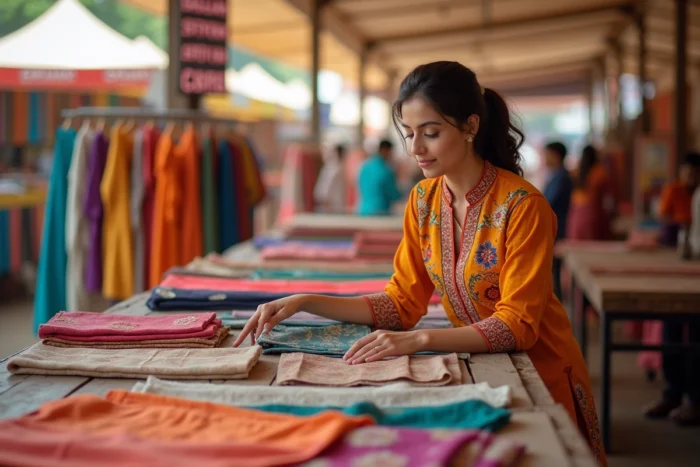 Femme exposant des textiles indiens colorés en coton et soie sur un stand de foire commerciale en plein air