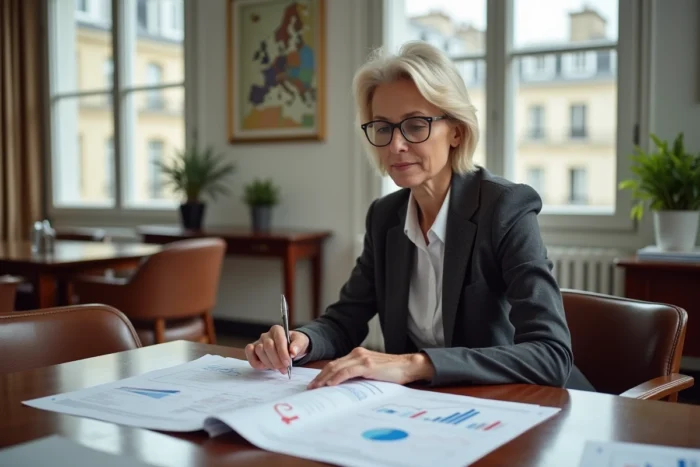 Économiste française en blazer examinant des rapports économiques dans un bureau parisien avec vue sur les toits haussmanniens en arrière-plan
