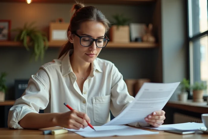 Gérante de boutique étudiant les clauses d'un bail commercial 3 6 9 dans son bureau