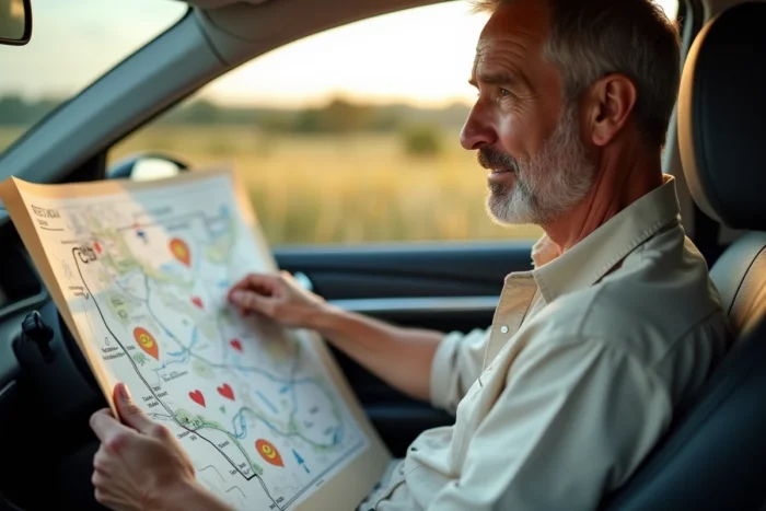 Homme en voiture tenant une carte dessinée à la main avec des cœurs et des itinéraires sentimentaux vers des destinations de vacances