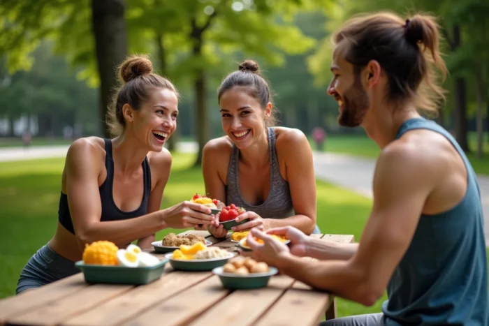 Groupe d'amis sportifs partageant un repas nutritif en plein air après une séance de course
