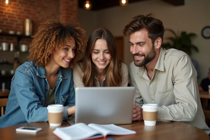 Grupo de personas discutiendo una regla de gramática francesa alrededor de un ordenador portátil en un café