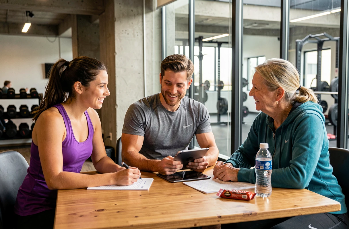 Groupe de sportifs passionnés discutant de conseils d'entraînement autour d'une table dans un centre sportif moderne