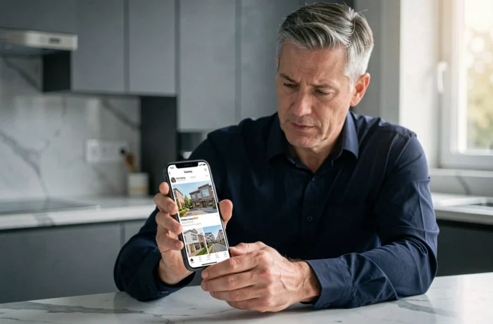 Homme consultant des annonces immobilières sauvegardées sur une application smartphone dans une cuisine moderne