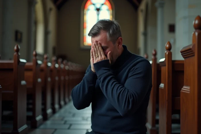 Homme bâillant en prière agenouillé dans une église, symbolisant la somnolence spirituelle durant la prière
