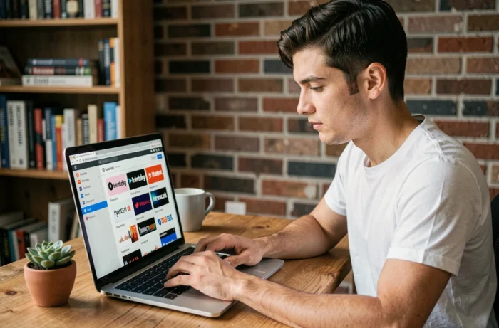 Jeune homme comparant des abonnements à des plateformes de streaming sur son ordinateur portable dans un bureau à domicile