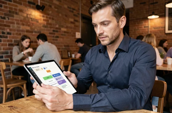 Homme explorant le plan de navigation du site Need Sun sur une tablette dans un café