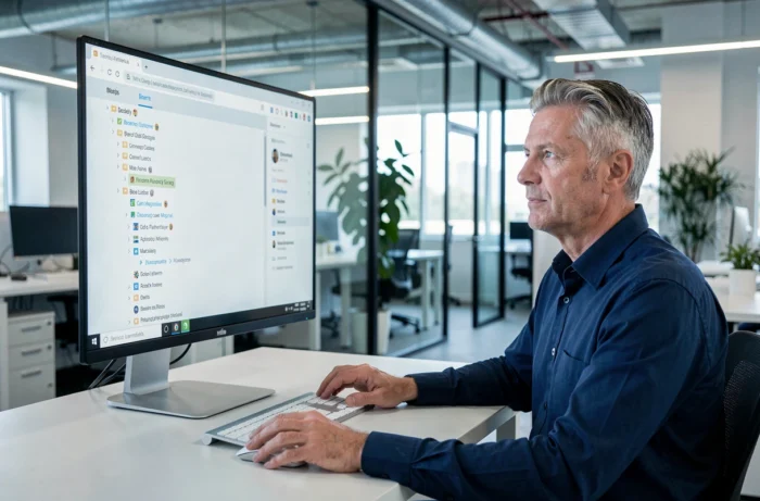 Homme naviguant sur un plan du site de blog affiché sur un grand écran dans un bureau moderne en open space