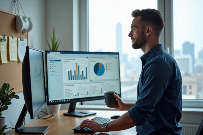 Homme utilisant des outils en ligne pour créer un business plan sur un grand écran dans un bureau à domicile