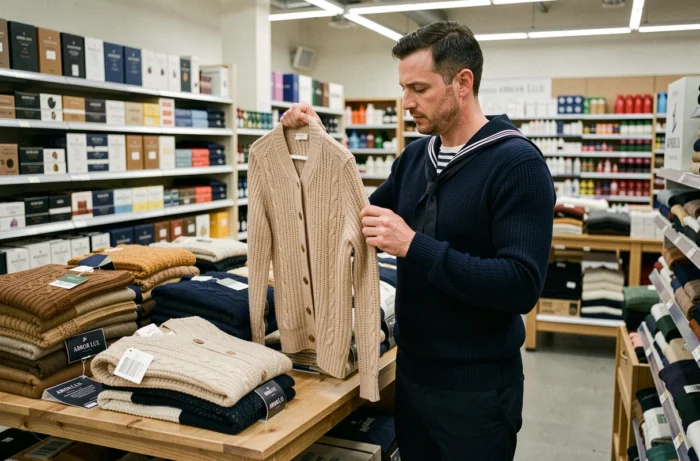 Man die een Armor Lux maritieme trui bekijkt in een textielafdeling van een supermarkt