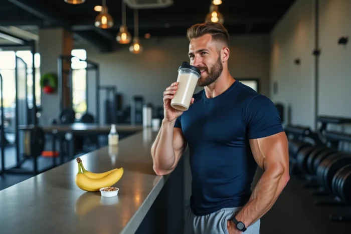 Homme musclé buvant un shake protéiné après l'entraînement dans une salle de sport