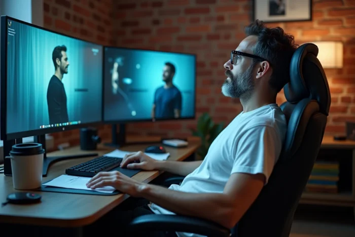 Homme regardant un film en streaming sur son ordinateur dans un bureau à domicile