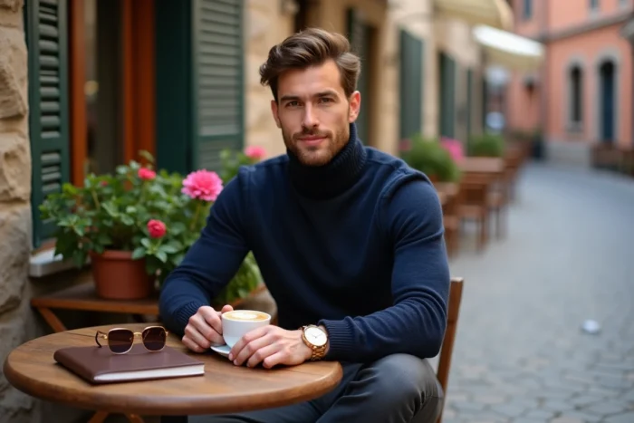 Homme stylé portant une montre dorée et des lunettes de soleil en écaille à la terrasse d'un café européen