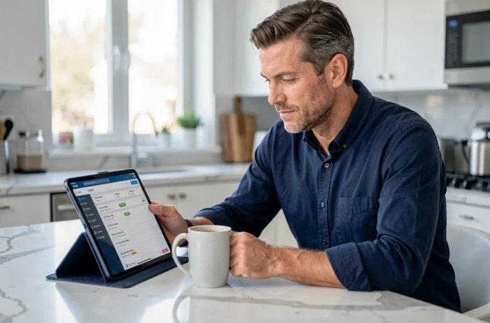 Homem consultando o espaço do cliente de gestão de síndico em um tablet em uma cozinha moderna
