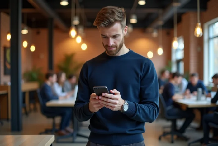 Homme consultant des tendances numériques sur smartphone dans un espace de coworking animé