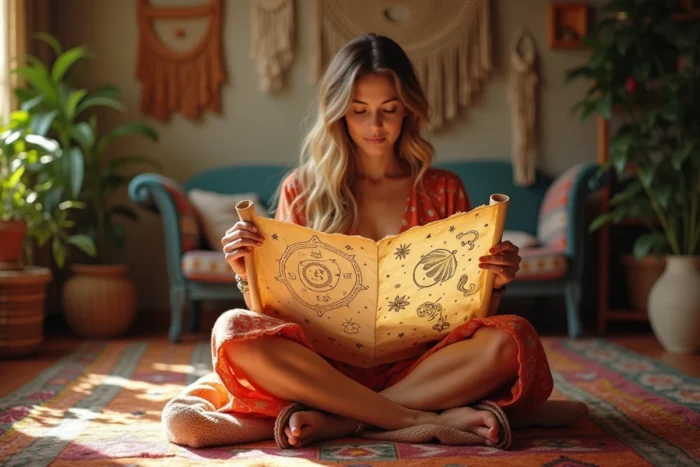Femme lisant dramatiquement un horoscope personnalisé sur un grand parchemin manuscrit entouré d'une ambiance bohème