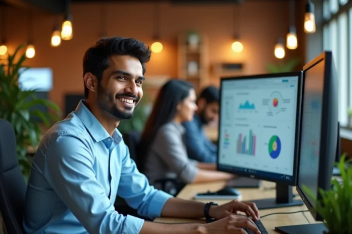 Jeune entrepreneur indien dans un espace de coworking moderne à Bangalore, entouré d'écrans affichant des graphiques de croissance économique