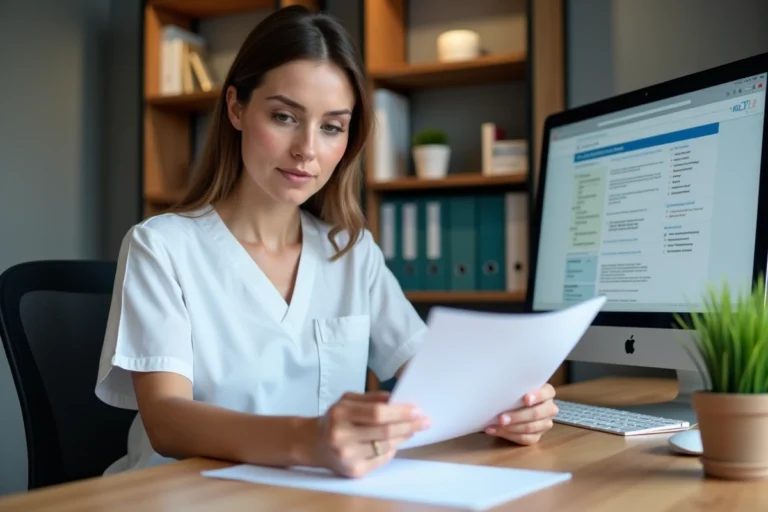 Infirmière consultant ses documents d'enregistrement Adeli à son bureau administratif