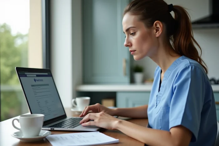 Jeune infirmière effectuant son inscription en ligne pour obtenir son numéro Adeli depuis chez elle
